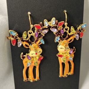 🦌Holiday Reindeer Dangle Earrings w/ Enamel And Rhinestones 2"